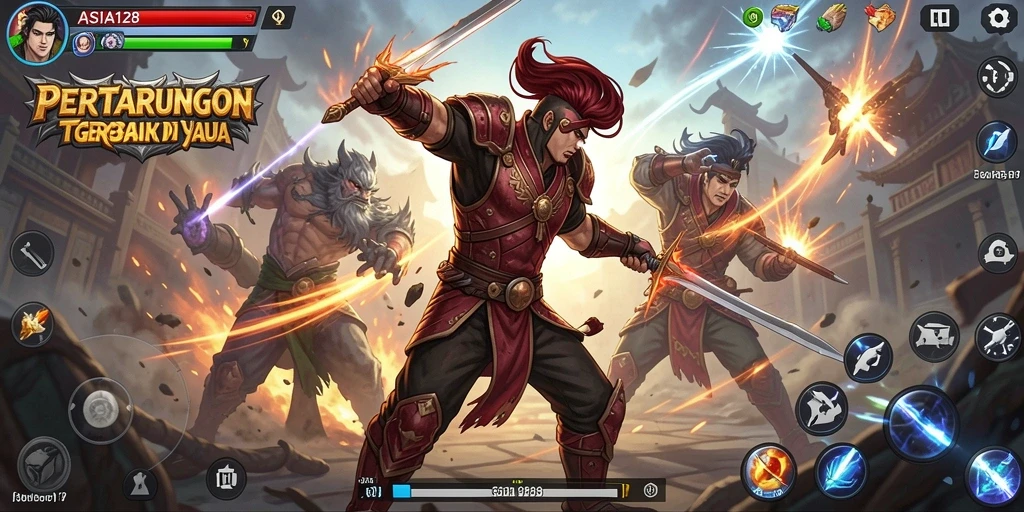 Screenshot game ASIA128 menampilkan aksi pertarungan yang intens dan karakter yang beragam.