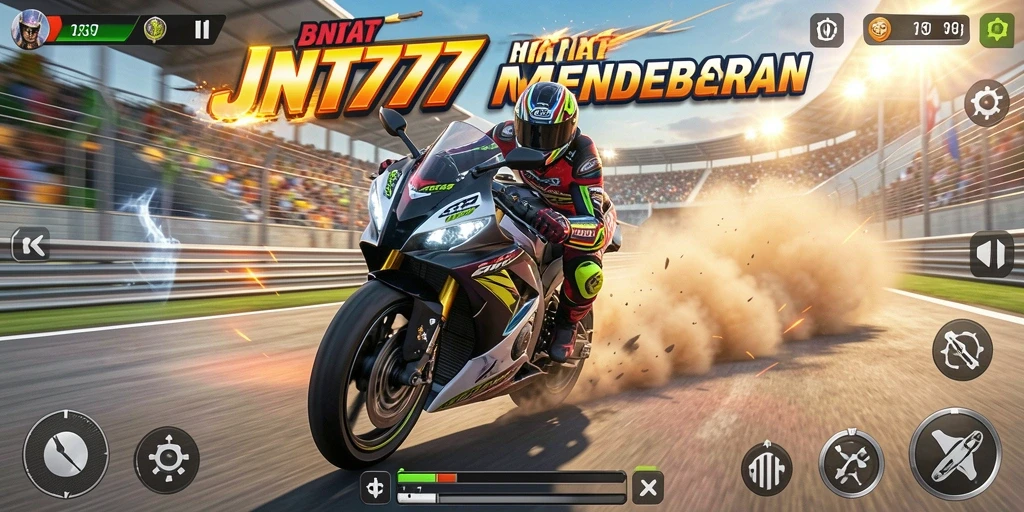 Screenshot gameplay JNT777 menampilkan balapan motor yang intens.