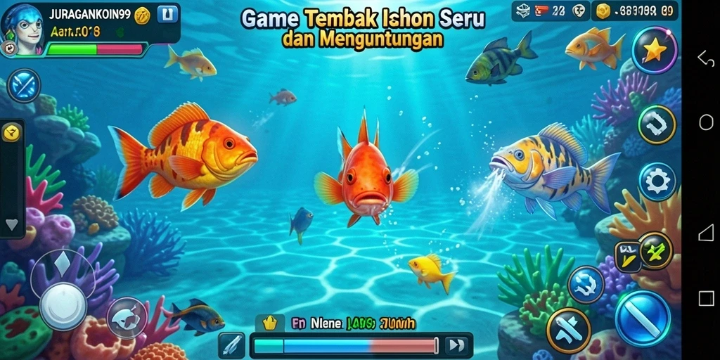 Screenshot gameplay JURAGANKOIN99 menampilkan aksi menembak ikan yang mendebarkan.