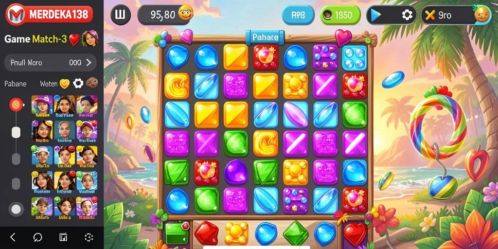 Tampilan gameplay Match-3 yang seru dan penuh warna dari MERDEKA138.