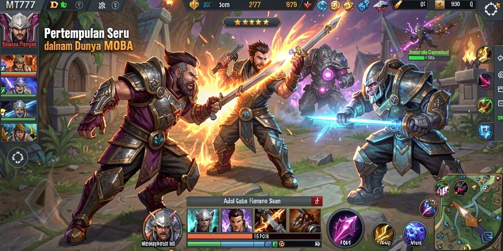 Screenshot gameplay MOBA yang menunjukkan aksi seru di MT777.