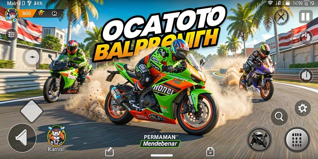 Screenshot gameplay OCATOTO menampilkan balapan motor yang seru di lintasan.
