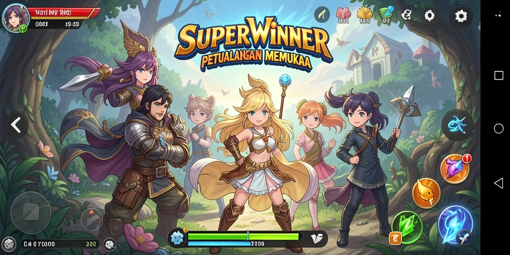 Tampilan gameplay SUPERWINNER yang penuh aksi dan karakter Anime.